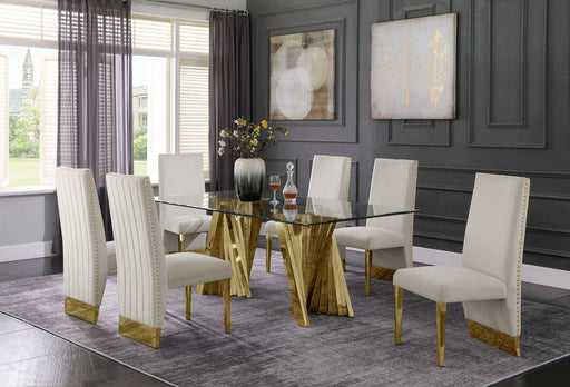 Mariano Furniture - 7 Piece Dining Set w-Pleated Side Chair, Glass Table w- Gold Spiral Base, Beige - BQ-D02-6SC163 - GreatFurnitureDeal