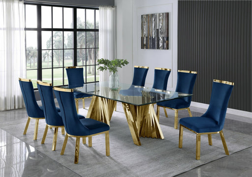 Mariano Furniture - 9 Piece Dining Set w-Uph Side Chair, Glass Table w- Gold Spiral Base, Navy Blue - BQ-D04-SC195 - GreatFurnitureDeal