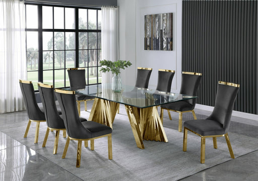 Mariano Furniture - 9 Piece Dining Set w-Uph Side Chair, Glass Table w- Gold Spiral Base, Dark Grey - BQ-D04-8SC194 - GreatFurnitureDeal