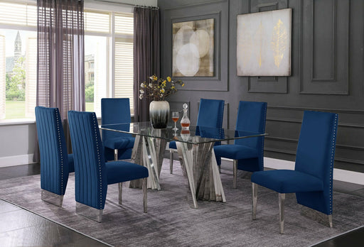 Mariano Furniture - 7 Piece Dining Set w-Pleated Side Chair, Glass Table w- Silver Spiral Base, Navy Blue - BQ-D01-6SC165 - GreatFurnitureDeal
