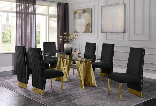 Mariano Furniture - 7 Piece Dining Set w-Pleated Side Chair, Glass Table w- Gold Spiral Base, Black - BQ-D02-6SC162 - GreatFurnitureDeal