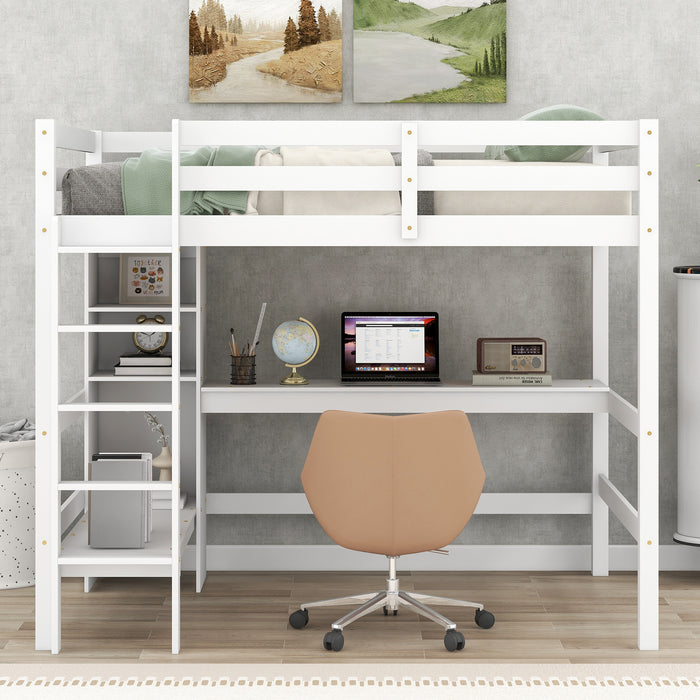 GFD Home - Full Size Loft Bed with Multifunction Shelves and Under-bed Desk, White - GreatFurnitureDeal