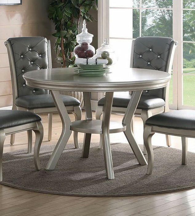 GFD Home - Formal Traditional Dining Table Round Table Silver Hue 5pc Dining Table w Shelf 4x Side Chairs Tufted Back Dining Room Furniture - GreatFurnitureDeal