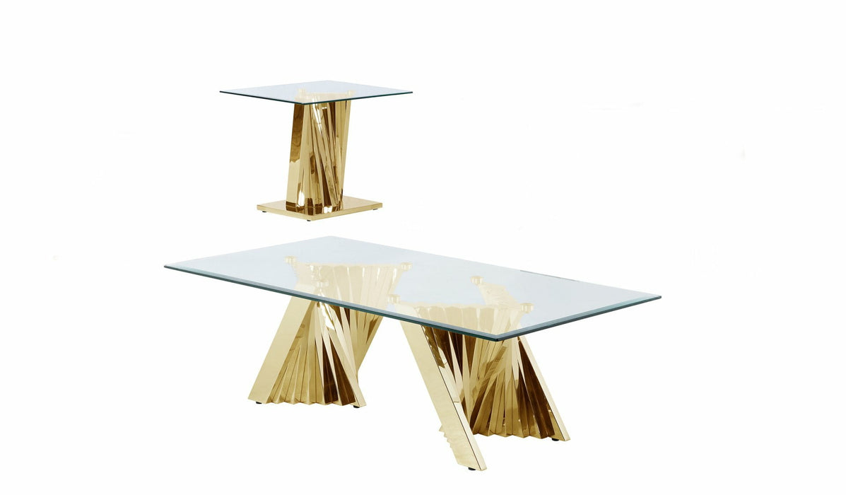 Mariano Furniture - Glass Coffee Table Sets: Coffee Table and End Table with Stainless Steel Gold Base - BQ-CT04-05 - GreatFurnitureDeal