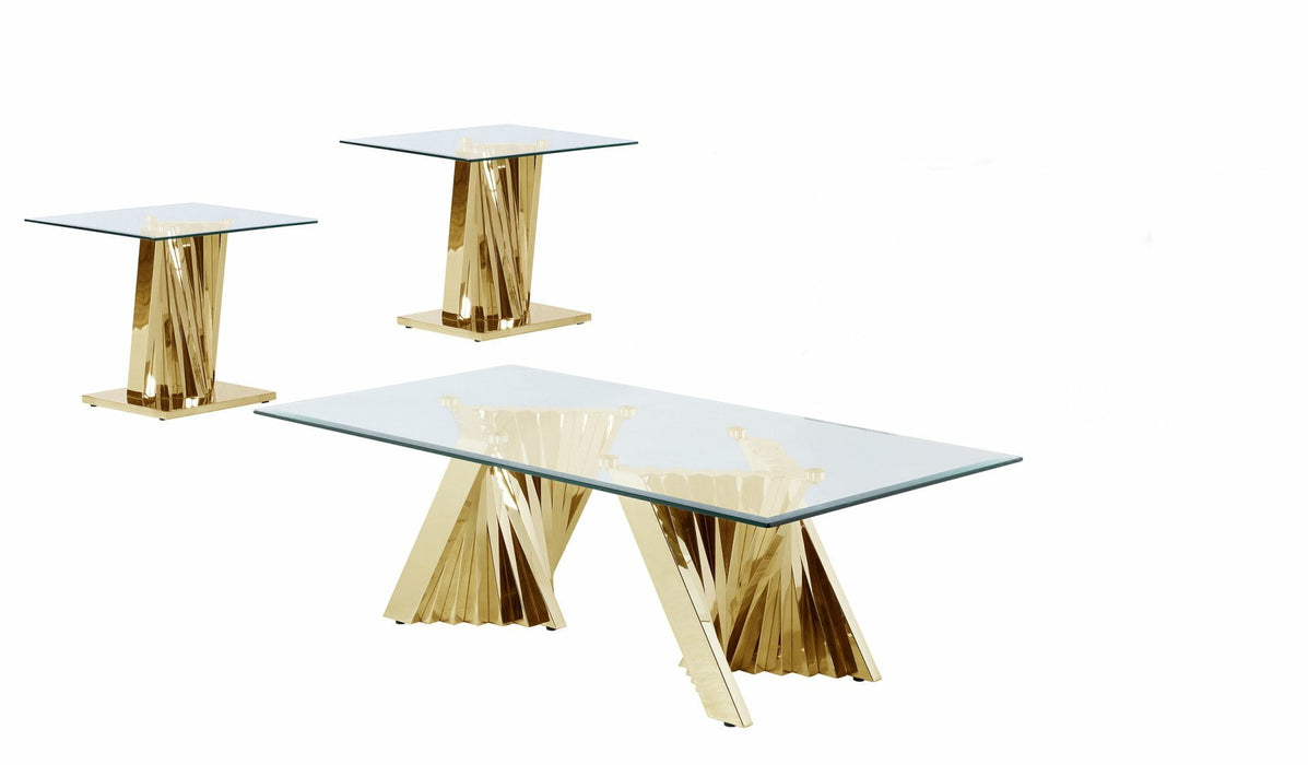 Mariano Furniture - Glass Coffee Table Sets: Coffee Table and 2 End Tables with Stainless Steel Gold Base - BQ-CT04-05-05