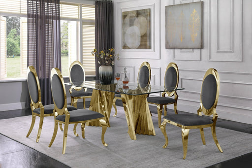 Mariano Furniture - 7 Piece Dining Room Set w-Uph Side Chair, Glass Table w- Gold Spiral Base, Dark Grey - BQ-D02-6SC184 - GreatFurnitureDeal