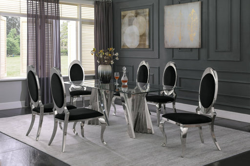 Mariano Furniture - 7 Piece Dining Set w-Uph Side Chair, Glass Table w- Silver Spiral Base, Black - BQ-D01-6SC182 - GreatFurnitureDeal