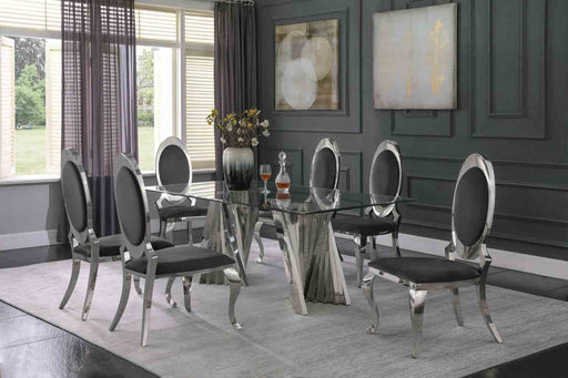 Mariano Furniture - 7 Piece Dining Set w-Uph Side Chair, Glass Table w- Silver Spiral Base, Dark Grey - BQ-D01-6SC180 - GreatFurnitureDeal