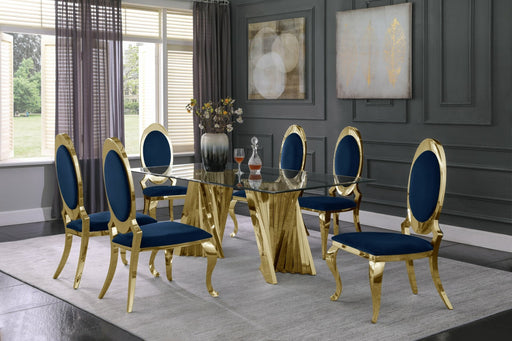 Mariano Furniture - 7 Piece Dining Room Set w-Uph Side Chair, Glass Table w- Gold Spiral Base, Navy Blue - BQ-D02-6SC185 - GreatFurnitureDeal
