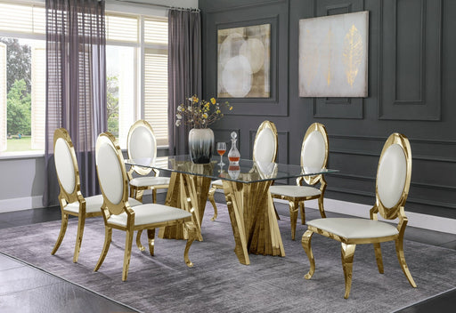 Mariano Furniture - 7 Piece Dining Room Set w-Uph Side Chair, Glass Table w- Gold Spiral Base, White - BQ-D02-6SC187 - GreatFurnitureDeal