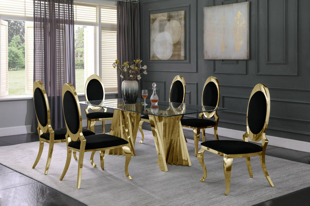 Mariano Furniture - 7 Piece Dining Room Set w-Uph Side Chair, Glass Table w- Gold Spiral Base, Black - BQ-D02-6SC186 - GreatFurnitureDeal