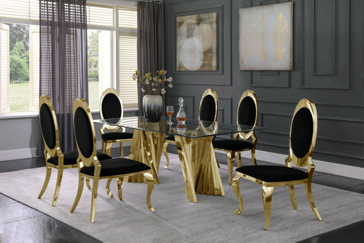 Mariano Furniture - 7 Piece Dining Room Set w-Uph Side Chair, Glass Table w- Gold Spiral Base, Black - BQ-D02-6SC186 - GreatFurnitureDeal