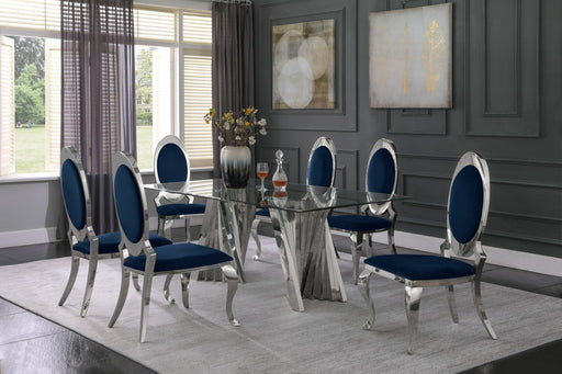Mariano Furniture - 7 Piece Dining Set w-Uph Side Chair, Glass Table w- Silver Spiral Base, Navy Blue - BQ-D01-6SC181 - GreatFurnitureDeal
