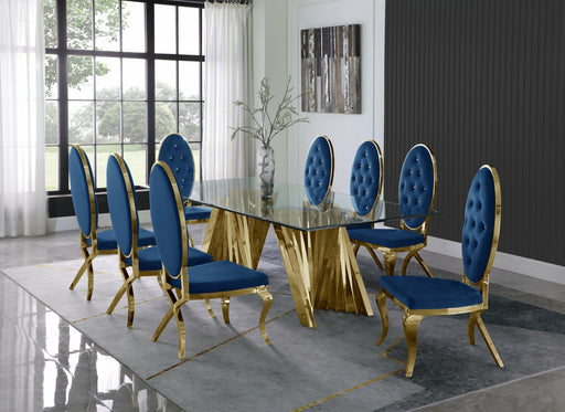 Mariano Furniture - 9 Piece Dining Room Set w-Uph Tufted Side Chair, Glass Table w- Gold Spiral Base, Navy Blue - BQ-D04-8SC54 - GreatFurnitureDeal