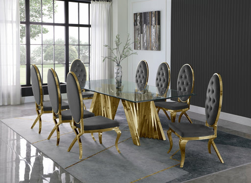 Mariano Furniture - 9 Piece Dining Room Set w-Uph Tufted Side Chair, Glass Table w- Gold Spiral Base, Dark Grey - BQ-D04-8SC56 - GreatFurnitureDeal