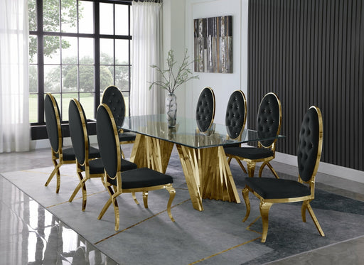 Mariano Furniture - 9 Piece Dining Room Set w-Uph Tufted Side Chair, Glass Table w- Gold Spiral Base, Black - BQ-D04-8SC57 - GreatFurnitureDeal