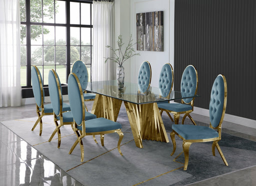 Mariano Furniture - 9 Piece Dining Room Set w-Uph Tufted Side Chair, Glass Table w- Gold Spiral Base, Teal - BQ-D04-8SC58 - GreatFurnitureDeal