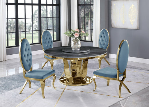 Mariano Furniture - 5 Piece Dining Room Set 4 Teal Velvet Faux-Crystal Chairs, Table and Chair Base in Gold - BQ-D10L-4SC58 - GreatFurnitureDeal