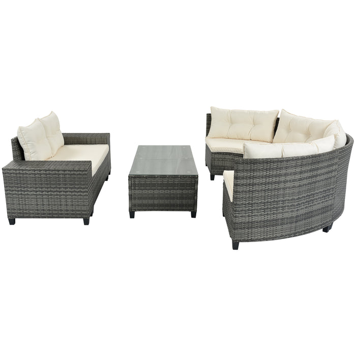 GFD Home - GO 8-pieces Outdoor Wicker Round Sofa Set, Half-Moon Sectional Sets All Weather, Curved Sofa Set With Rectangular Coffee Table, PE Rattan Water-resistant and UV Protected, Movable Cushion, Beige - GreatFurnitureDeal