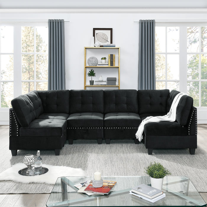 GFD Home - U shape Modular Sectional Sofa，DIY Combination，includes Four Single Chair and Two Corner，Black Velvet. - GreatFurnitureDeal