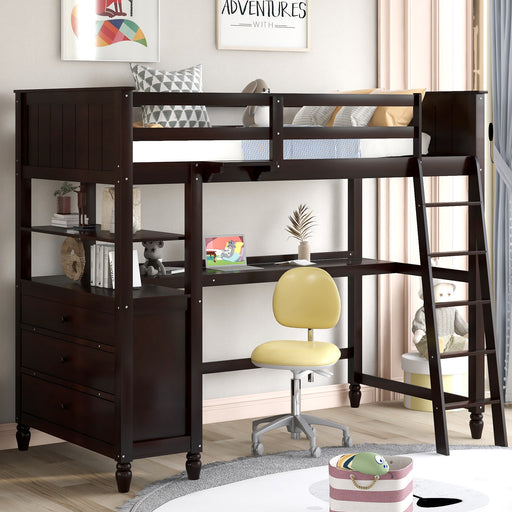 GFD Home - Twin size Loft Bed with Drawers and Desk, Wooden Loft Bed with Shelves - Espresso(OLD SKU: LP000530AAP) - GreatFurnitureDeal