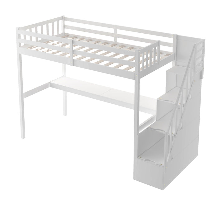 GFD Home - Twin Size Loft Bed with Staircase and Built-in Desk ,White - GreatFurnitureDeal