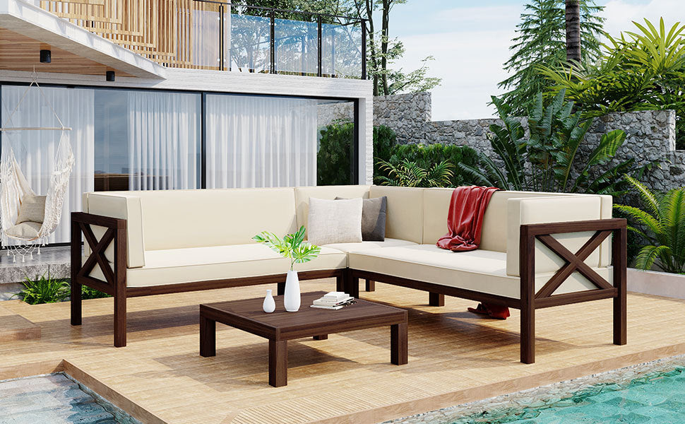 GFD Home - TOPMAX Outdoor Wood Patio Backyard 4-Piece Sectional Seating Group with Cushions and Table X-Back Sofa Set for Small Places, Brown Finish+Beige Cushions - GreatFurnitureDeal