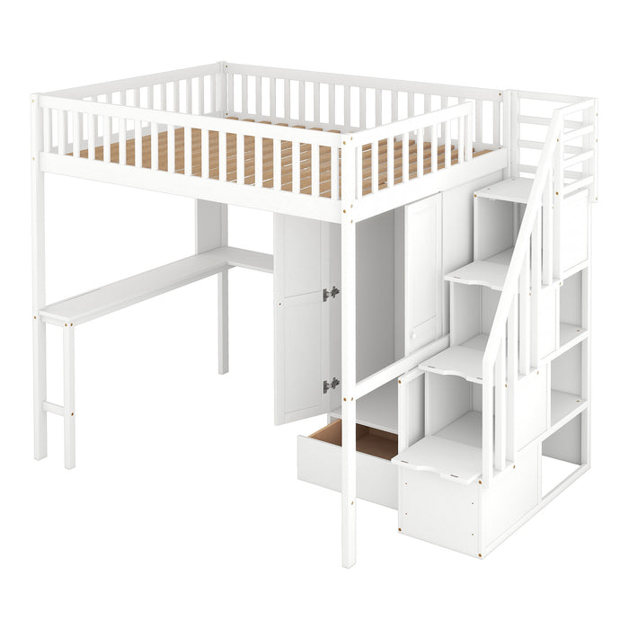 GFD Home - Full size Loft Bed with Bookshelf,Drawers,Desk,and Wardrobe-White - GreatFurnitureDeal