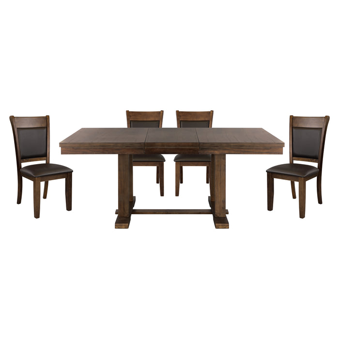 GFD Home - Transitional 5pc Dining Set Table with Self-Storing Leaf and Faux Leather Upholstered 4x Side Chairs Light Rustic Brown Finish Dining Room Furniture - GreatFurnitureDeal