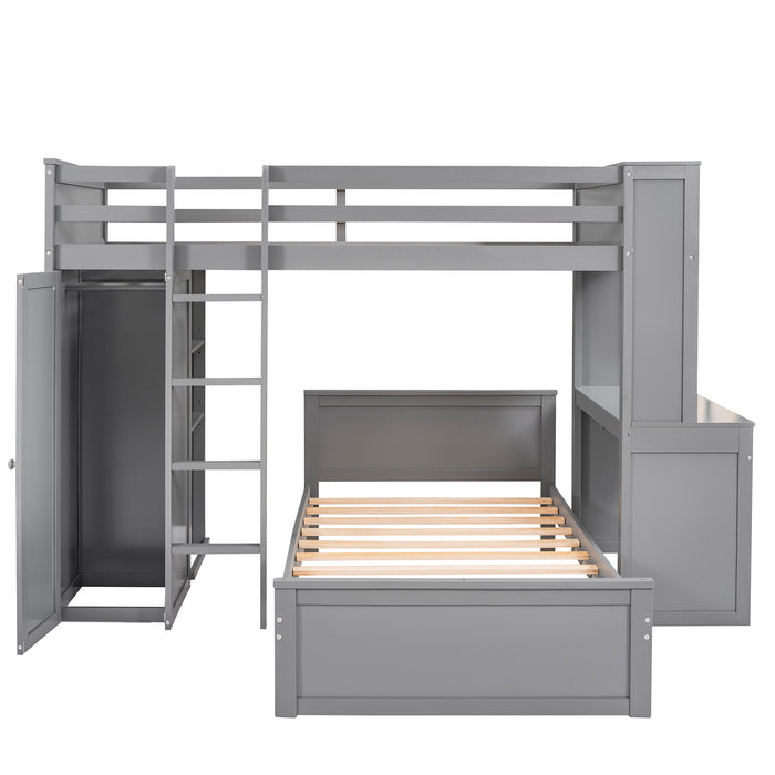 GFD Home - Twin size Loft Bed with a Stand-alone bed, Shelves,Desk,and Wardrobe-Gray - GreatFurnitureDeal