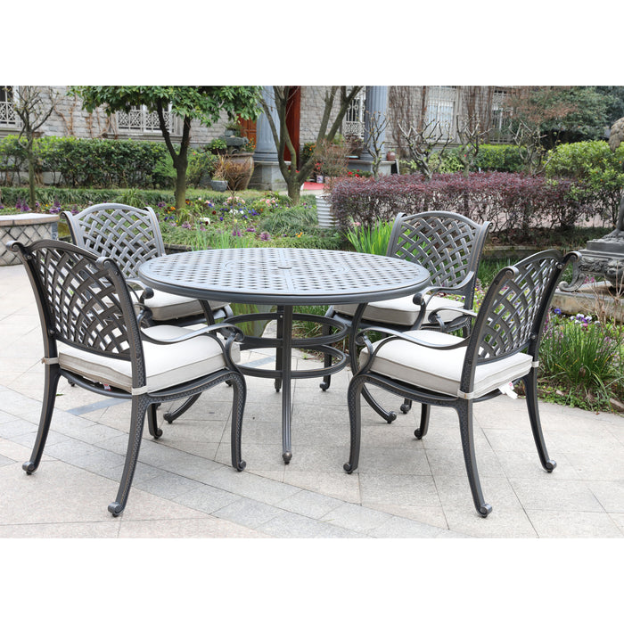 GFD Home - Cast Aluminum 5 Piece Round Dining Set with 4 Arm Chairs, Sand dollar Cushions - GreatFurnitureDeal