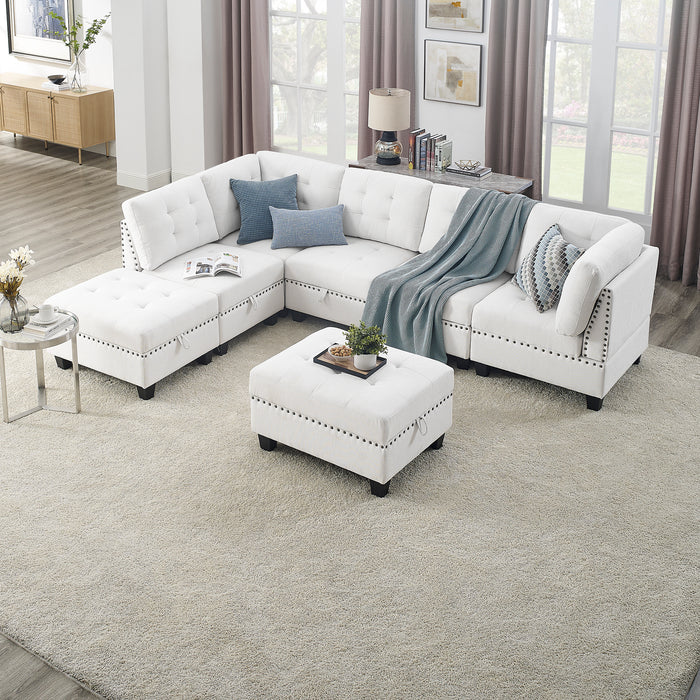 GFD Home - L shape Modular Sectional Sofa，DIY Combination，includes Three Single Chair ，Two Corner and Two Ottoman，Ivory Chenille - GreatFurnitureDeal