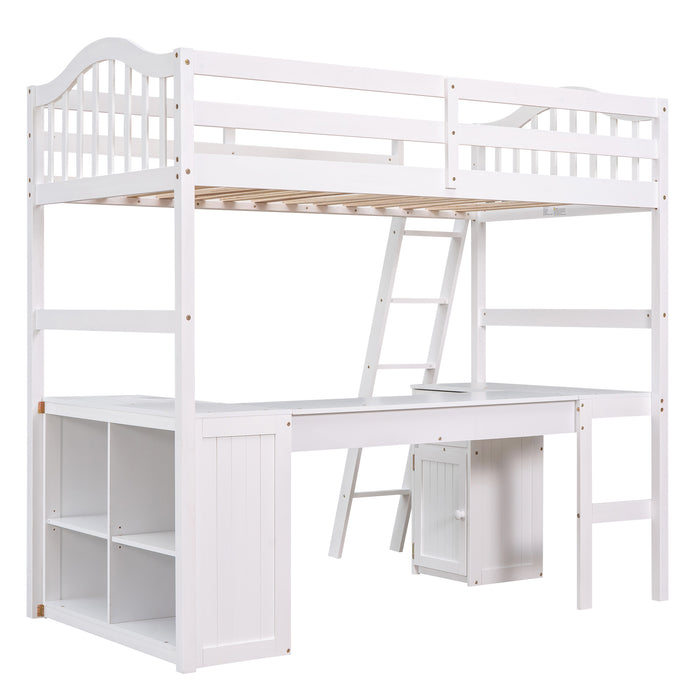 GFD Home - Twin size Loft Bed with Drawers, Cabinet, Shelves and Desk, Wooden Loft Bed with Desk - White(OLD SKU :LT000505AAK) - GreatFurnitureDeal