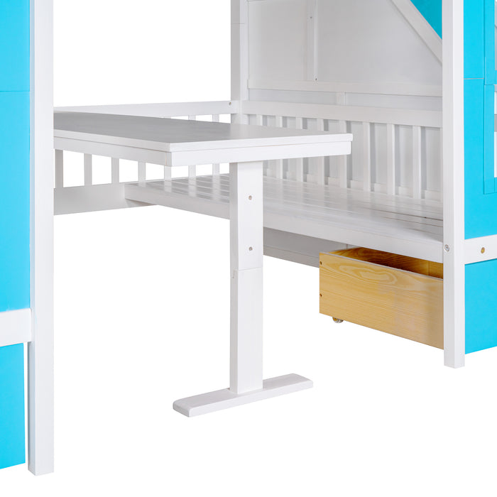 GFD Home - Full-Over-Full Bunk Bed with Changeable Table , Bunk Bed Turn into Upper Bed and Down Desk - Blue - GreatFurnitureDeal