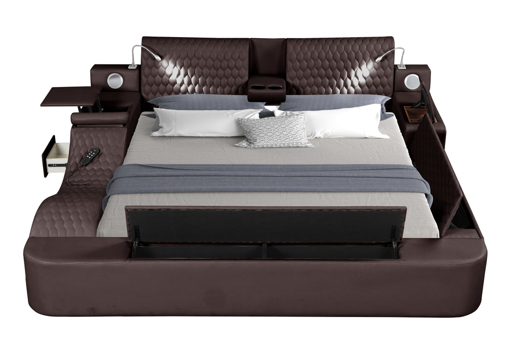 GFD Home - Zoya Smart Multifunctional Queen Size Bed Made with Wood in Brown - GreatFurnitureDeal