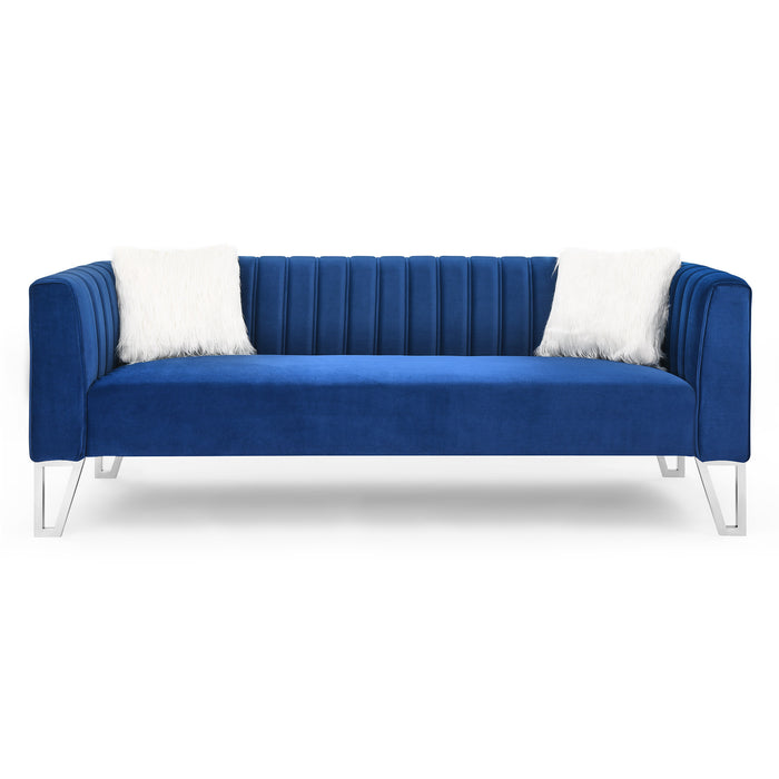 GFD Home - 3 Piece Living Room Sofa Set, including 3-Seater Sofa, Loveseat and Sofa Chair, with mirrored side trim with faux diamonds and stainless steel legs, Six White Villose Pillow, Blue