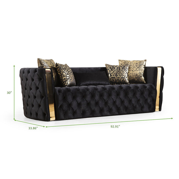 GFD Home - Naomi Button Tufted 3 Pc Sofa Set with Velvet Fabric and Gold Accent in Black - GreatFurnitureDeal