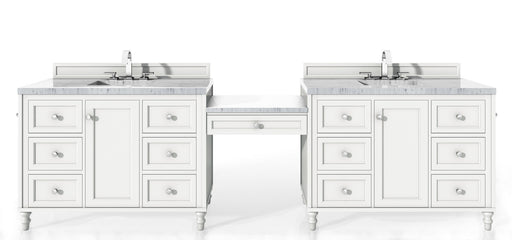 James Martin Furniture - Copper Cove Encore 122" Double Vanity Set, Bright White w- Makeup Table, 3 CM Arctic Fall Solid Surface Top - 301-V122-BW-DU-3AF - GreatFurnitureDeal