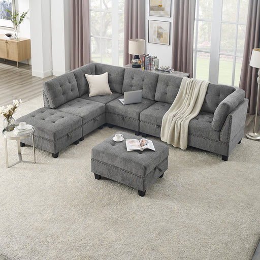 GFD Home - L shape Modular Sectional Sofa，DIY Combination，includes Three Single Chair ，Two Corner and Two Ottoman，Grey Chenille - GreatFurnitureDeal