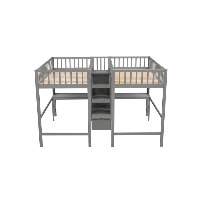 GFD Home - Twin & Twin Size Loft Bed with 2 Built-in Desks and Shelves, Storage Staircase, Gray - GreatFurnitureDeal