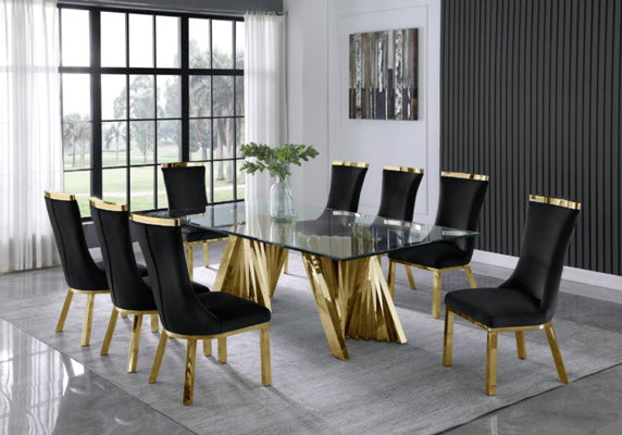 Mariano Furniture - 9 Piece Dining Set w/Uph Side Chair, Glass Table w/ Gold Spiral Base, Black - BQ-D04-SC196