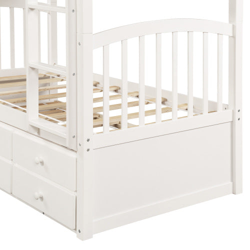 GFD Home - Twin Bunk Bed with Ladder, Safety Rail, Twin Trundle Bed with 3 Drawers for Teens Bedroom in White - LP000071AAK