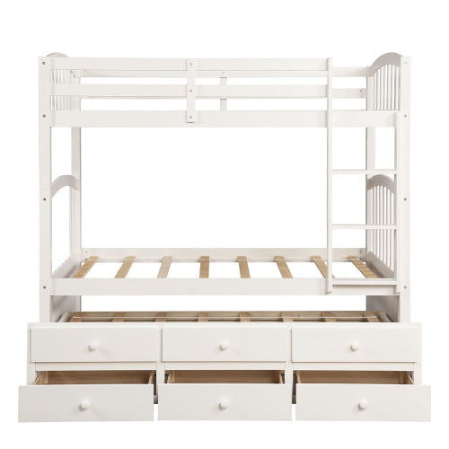 GFD Home - Twin Bunk Bed with Ladder, Safety Rail, Twin Trundle Bed with 3 Drawers for Teens Bedroom in White - LP000071AAK - GreatFurnitureDeal