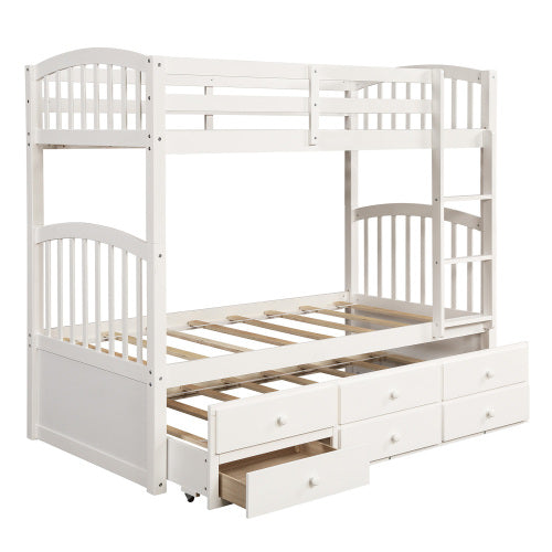 GFD Home - Twin Bunk Bed with Ladder, Safety Rail, Twin Trundle Bed with 3 Drawers for Teens Bedroom in White - LP000071AAK - GreatFurnitureDeal
