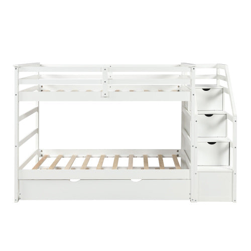 GFD Home - Twin-Over-Twin Bunk Bed with Twin Size Trundle and 3 Storage Stairs (White) - LP000064AAK