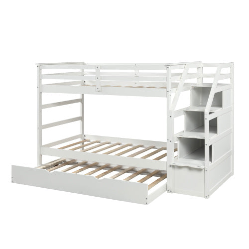 GFD Home - Twin-Over-Twin Bunk Bed with Twin Size Trundle and 3 Storage Stairs (White) - LP000064AAK