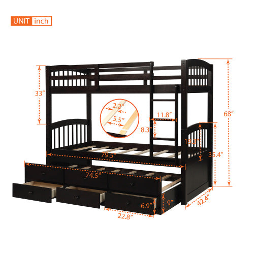GFD Home - Twin Bunk Bed with Ladder, Safety Rail, Twin Trundle Bed with 3 Drawers for Teens Bedroom in Espresso - LP000071AAP