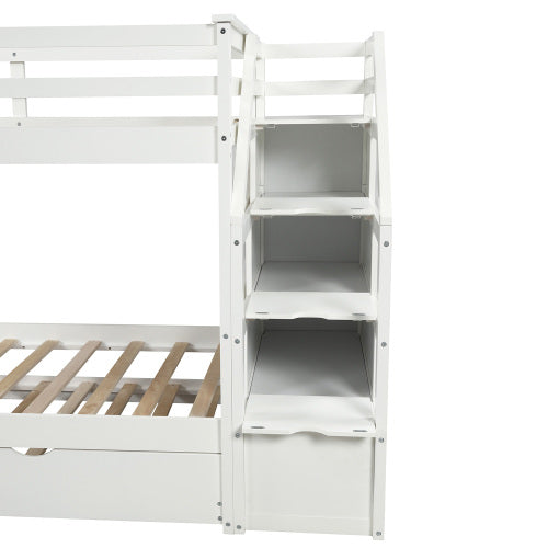 GFD Home - Twin-Over-Twin Bunk Bed with Twin Size Trundle and 3 Storage Stairs (White) - LP000064AAK - GreatFurnitureDeal