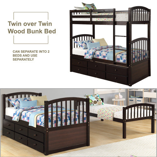 GFD Home - Twin Bunk Bed with Ladder, Safety Rail, Twin Trundle Bed with 3 Drawers for Teens Bedroom in Espresso - LP000071AAP