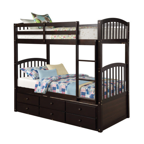 GFD Home - Twin Bunk Bed with Ladder, Safety Rail, Twin Trundle Bed with 3 Drawers for Teens Bedroom in Espresso - LP000071AAP - GreatFurnitureDeal